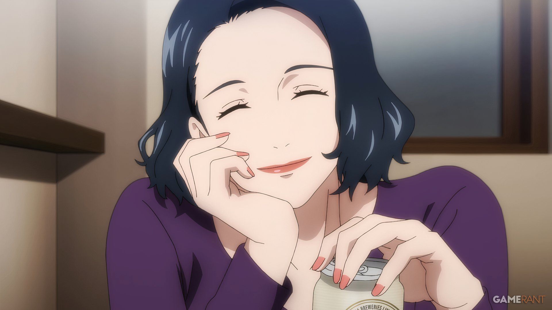 Nagi Yoshino smiles with a can of beer in her hand in Jujutsu Kaisen.