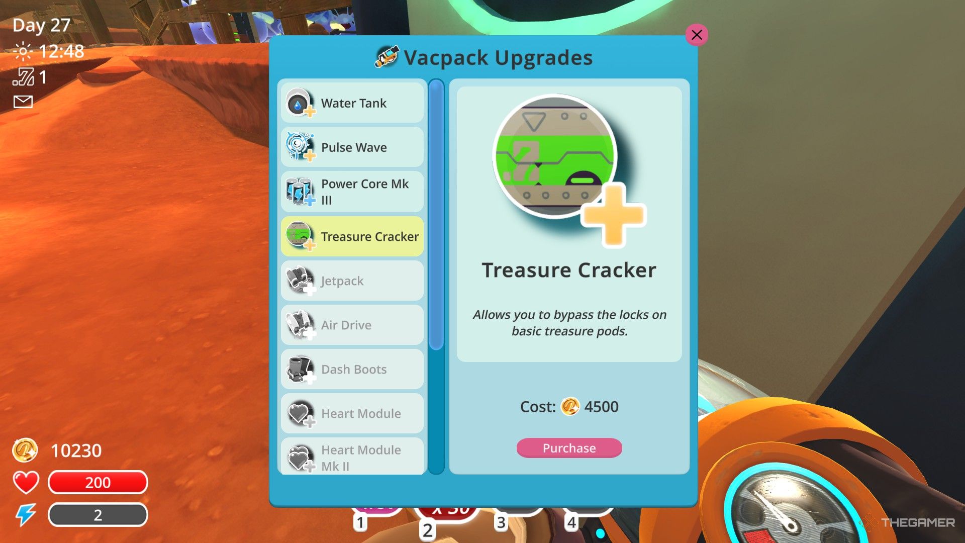 A vacpack upgrade screen displays Treasure Cracker upgrade in Slime Rancher