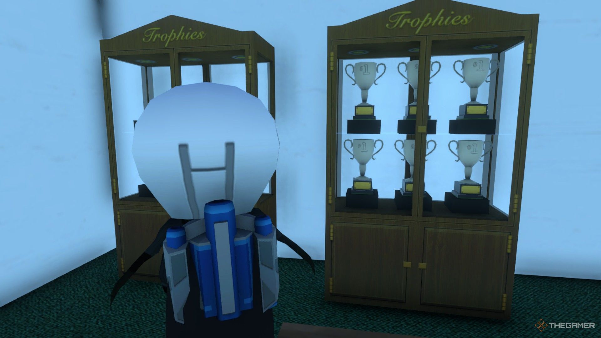 The player is standing in front of the trophy cabinets in Amazing Frog.