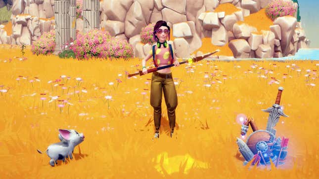 The player character stands in a field next to a pig and pile of broken weapons.