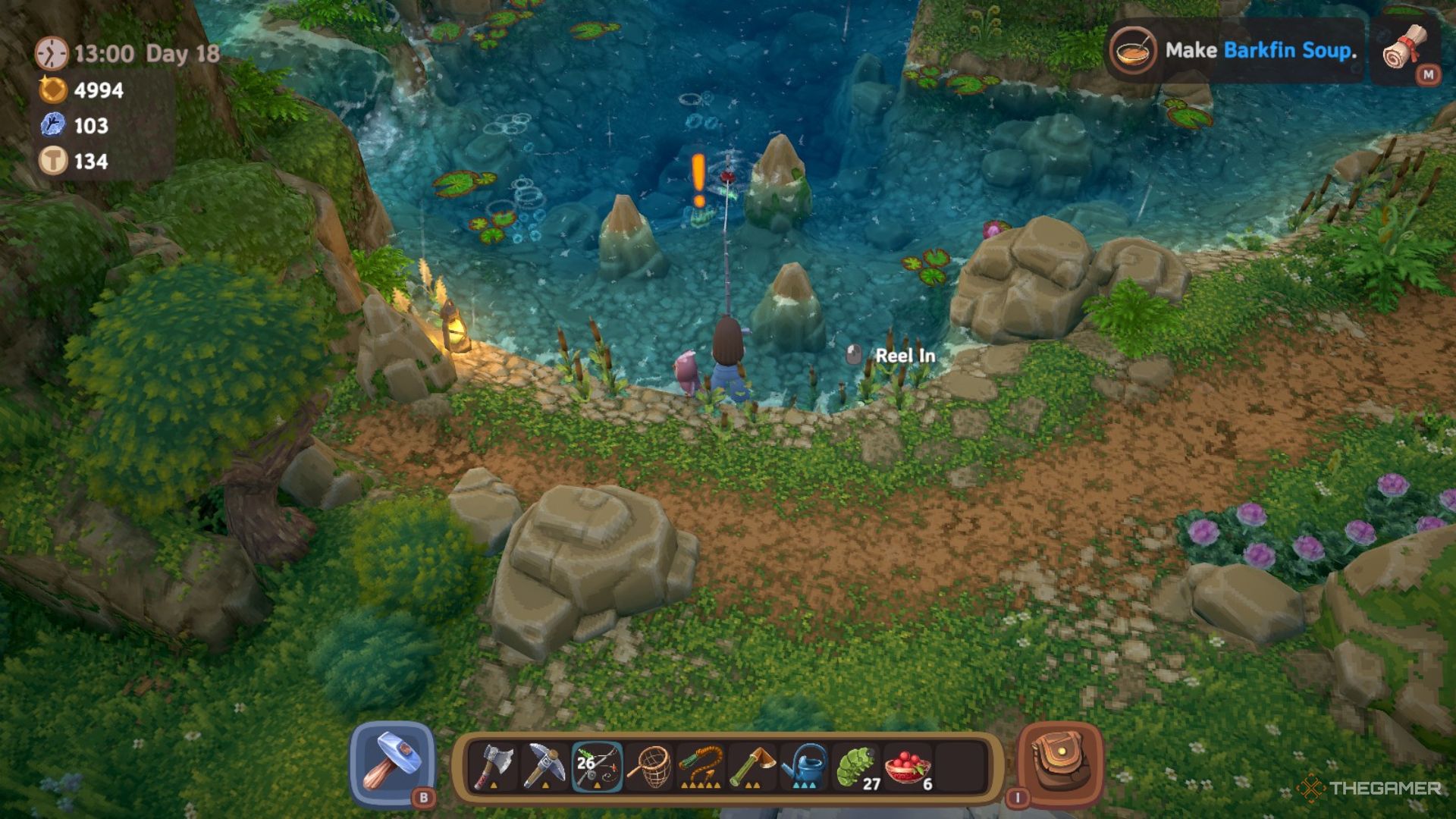 Player character fishing in a lake and a fish has a yellow exclamation point above its head in Luma Island.