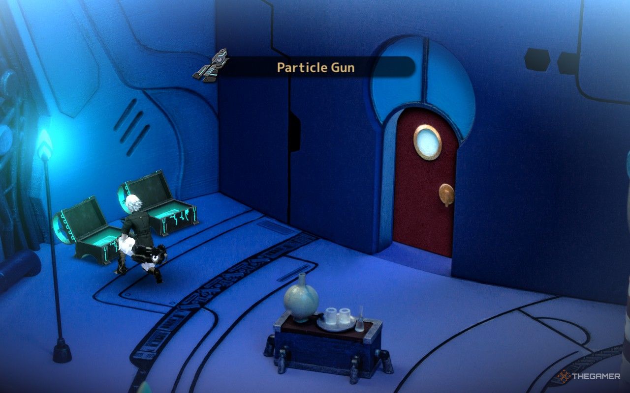 Leo getting the Particle Gun weapon from a machine chest in the secret base in fantasian neo dimension.