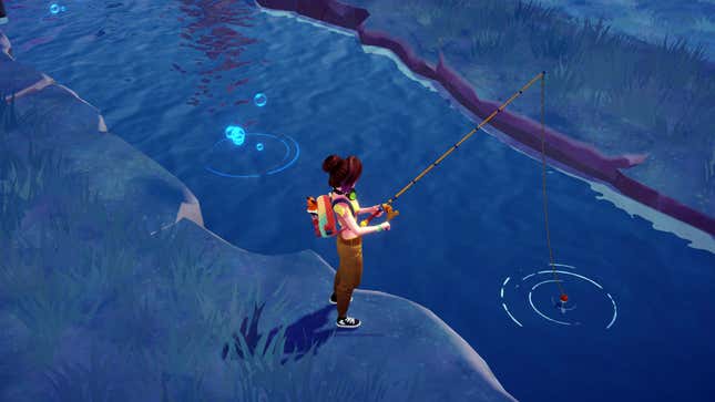 A girl goes fishing in Disney Dreamlight Valley.