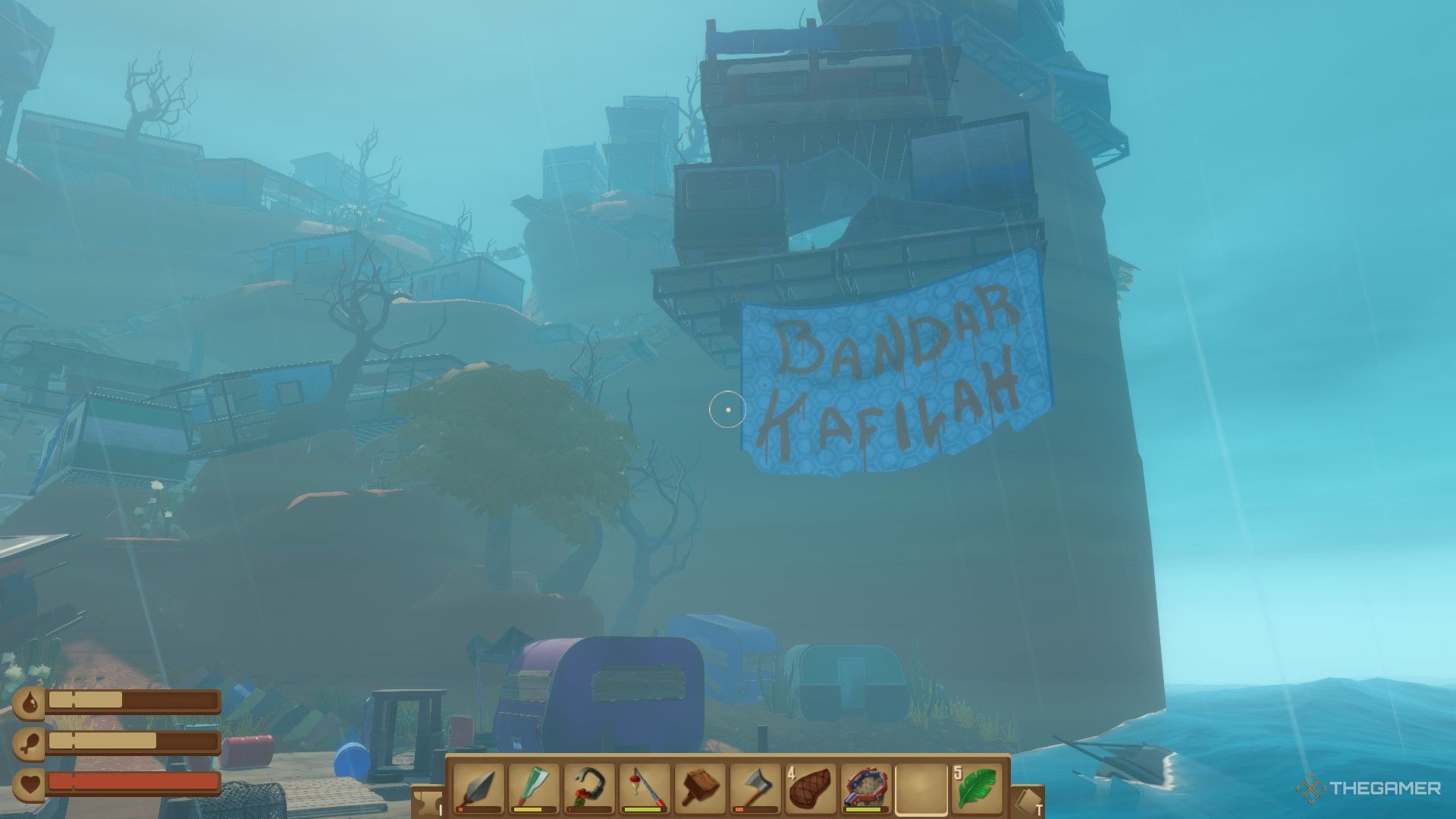 A player docks their raft at the entrance to Caravan Island, following a radio signal. 