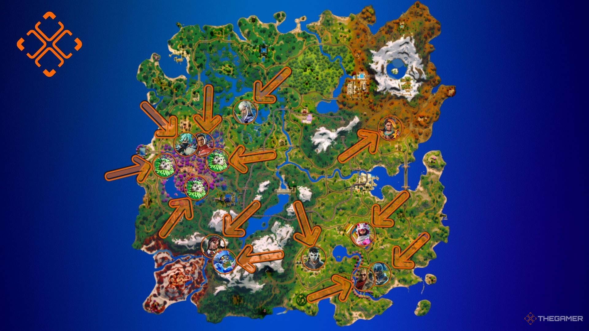 A photo of a Fortnite map with an arrow point towards the NPC locations. 