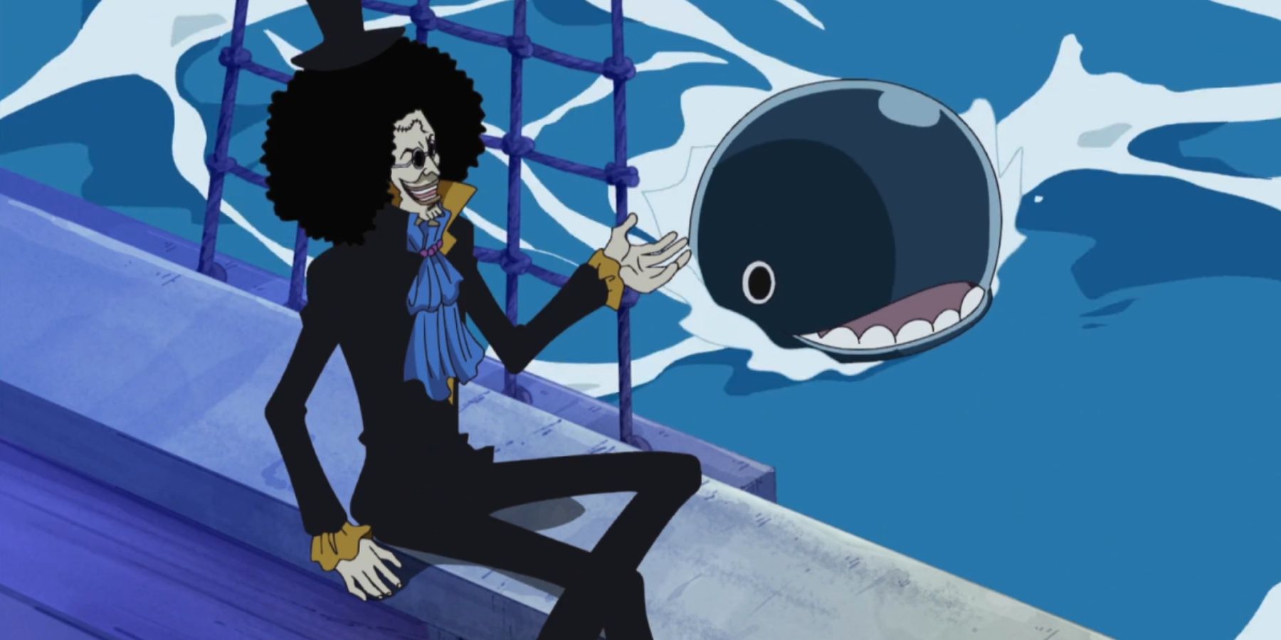 Young Brook watching over Laboon the whale in One Piece