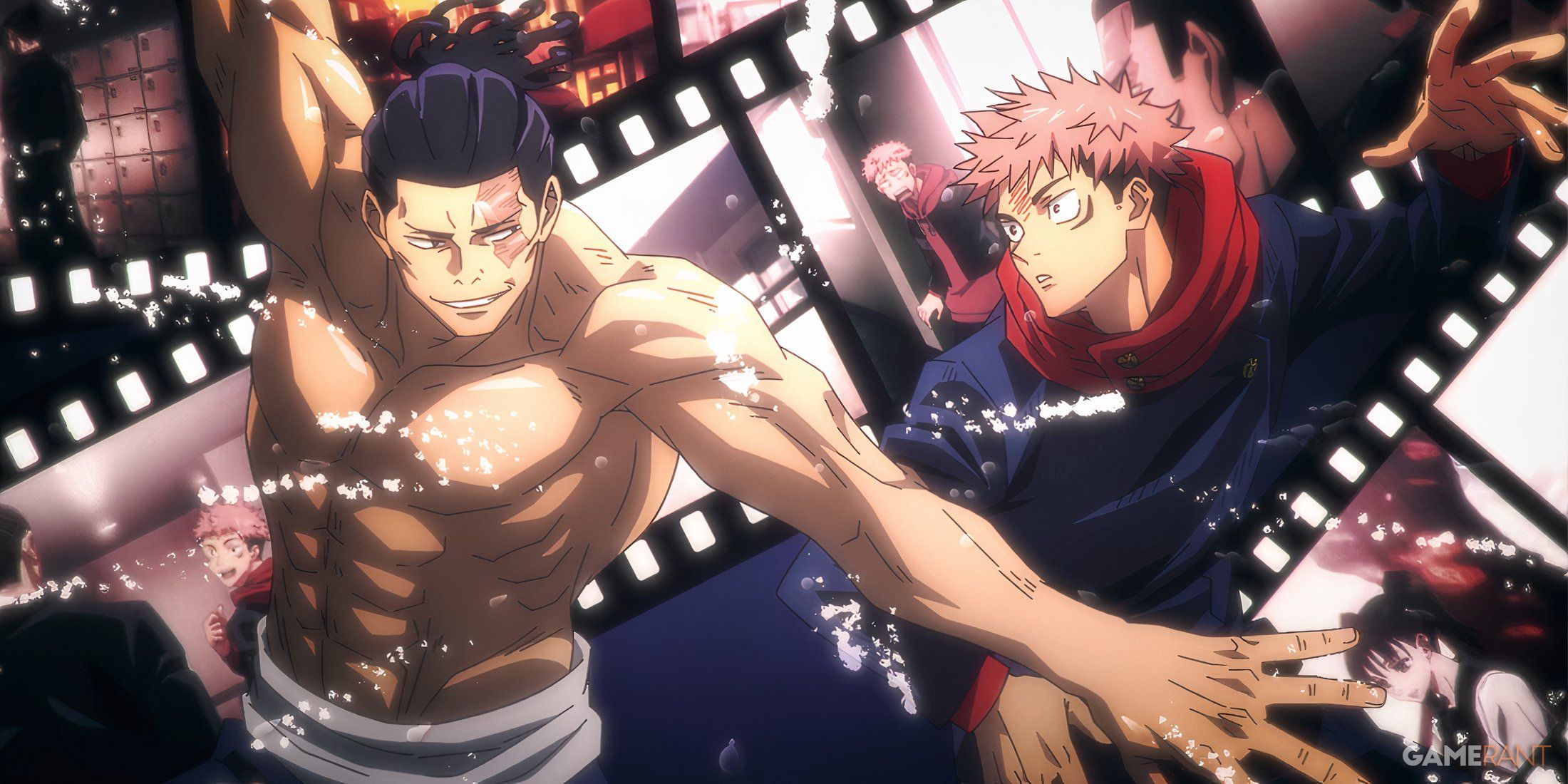 Todo and Yuji prepare to battle each other while a montage of imaginary memories of their friendship play behind them in Jujutsu Kaisen.