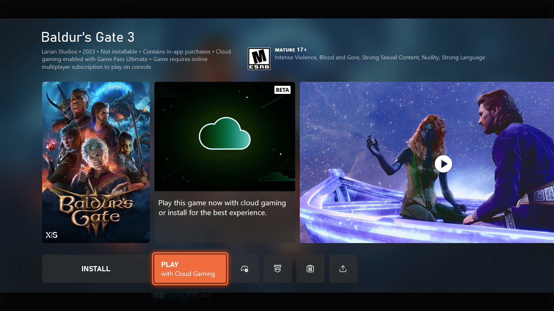 The game card shown after selecting a game to play, highlighting the option to play with cloud gaming.