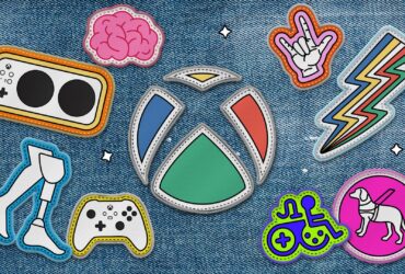 The Xbox logo as a patch sewn onto a denim jacket. The Xbox logo is surrounded by other patch versions of accessibility logos including the Xbox Adaptive Controller, the Game Accessibility Joyrider, the disability pride logo, and more.