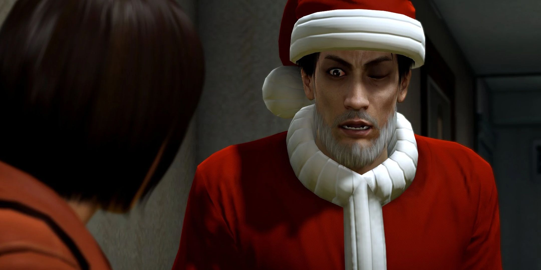 Yakuza 0 screenshot of Majima looking shocked in a Santa costume.