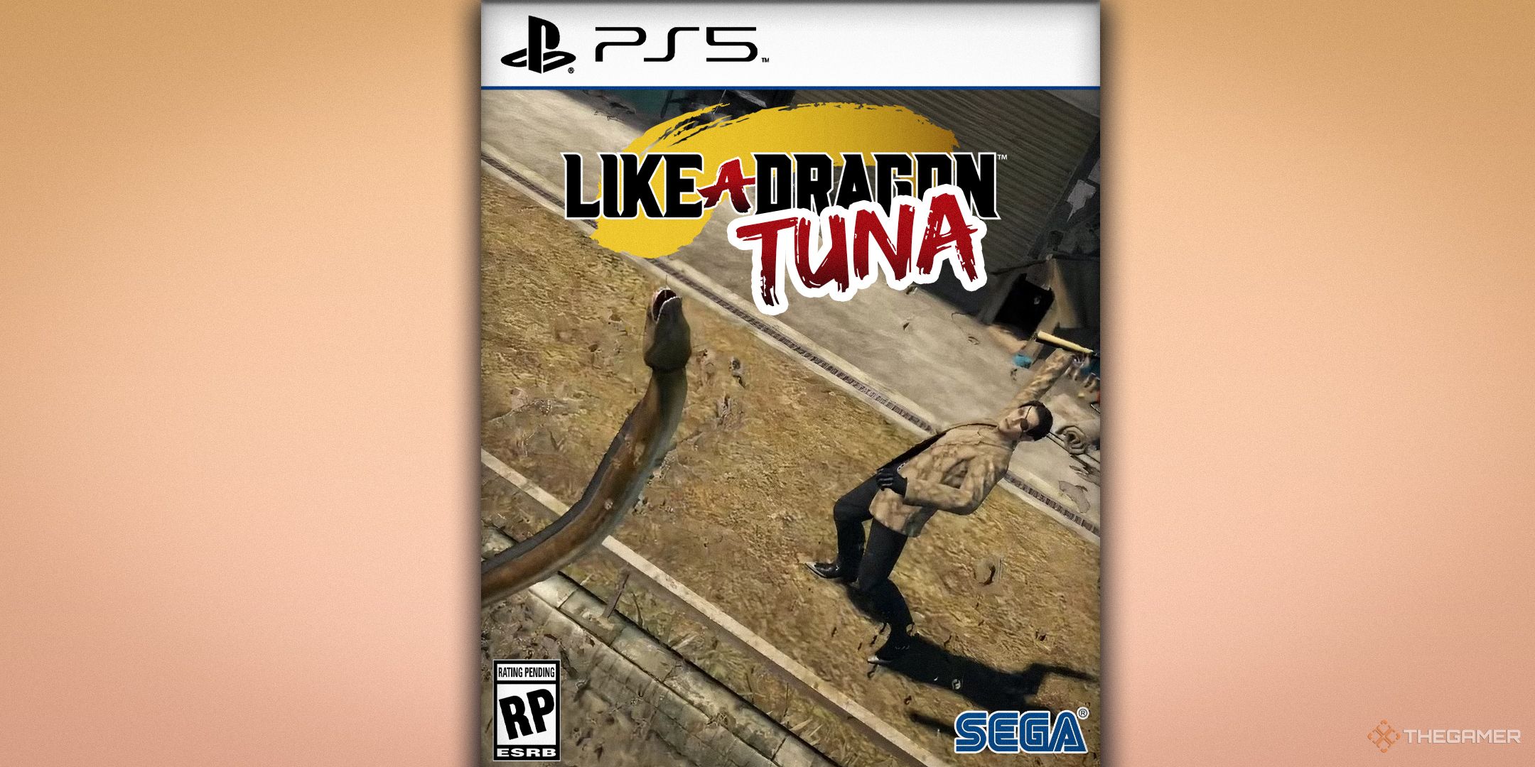 A mockup of Like a Dragon: Tuna's box art, with Majima swinging his knife at an eel.