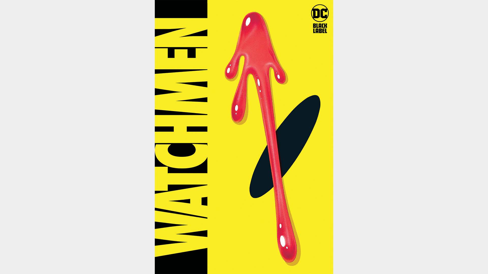 A smiley face badge with a blood splash on the cover of the Absolute Watchmen hardcover collection