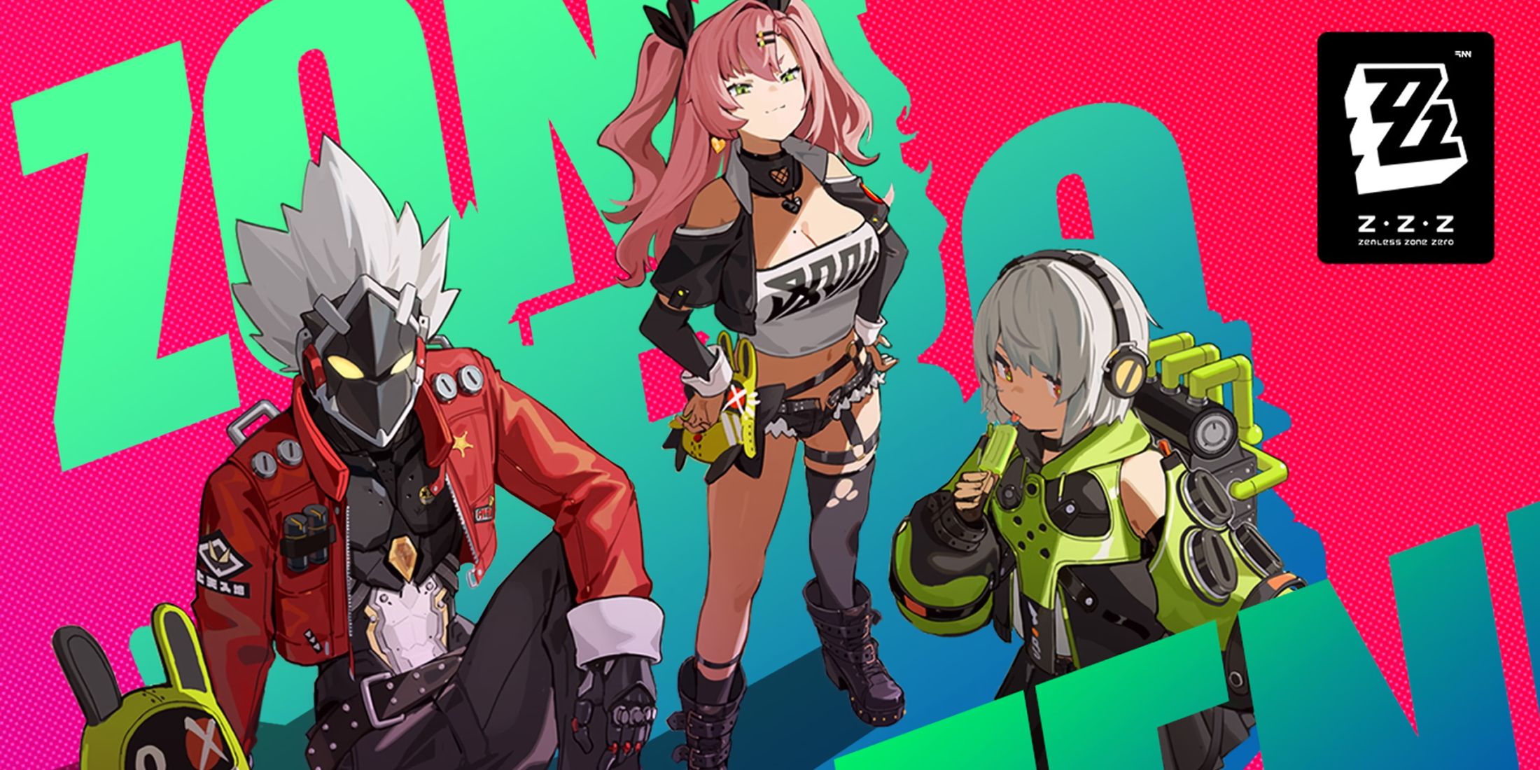 A key visual from Zenless Zone Zero showing Billy, Nicole, and Anby.