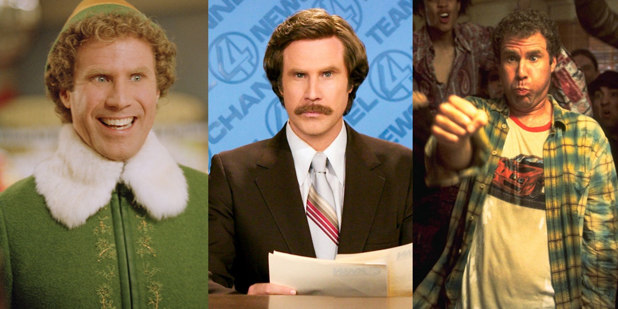 Split image of Buddy in Elf, Ron in Anchorman, and Frank the Tank in Old School