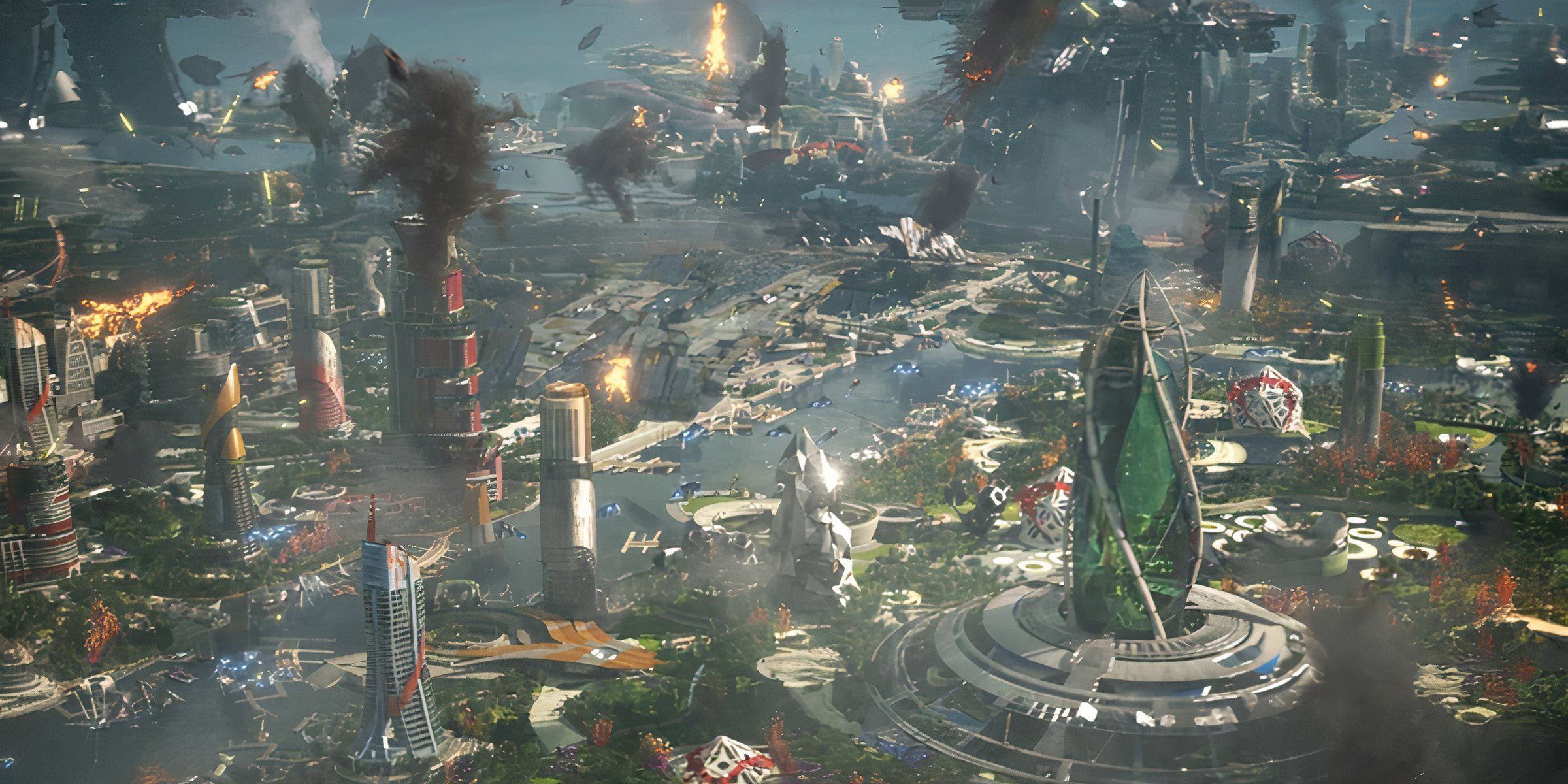 The Battle Of Xandar With Xandar Being Attacked, Many Futuristic Alien Buildings Can Be Seen In Marvel's Guardians Of The Galaxy Movie.