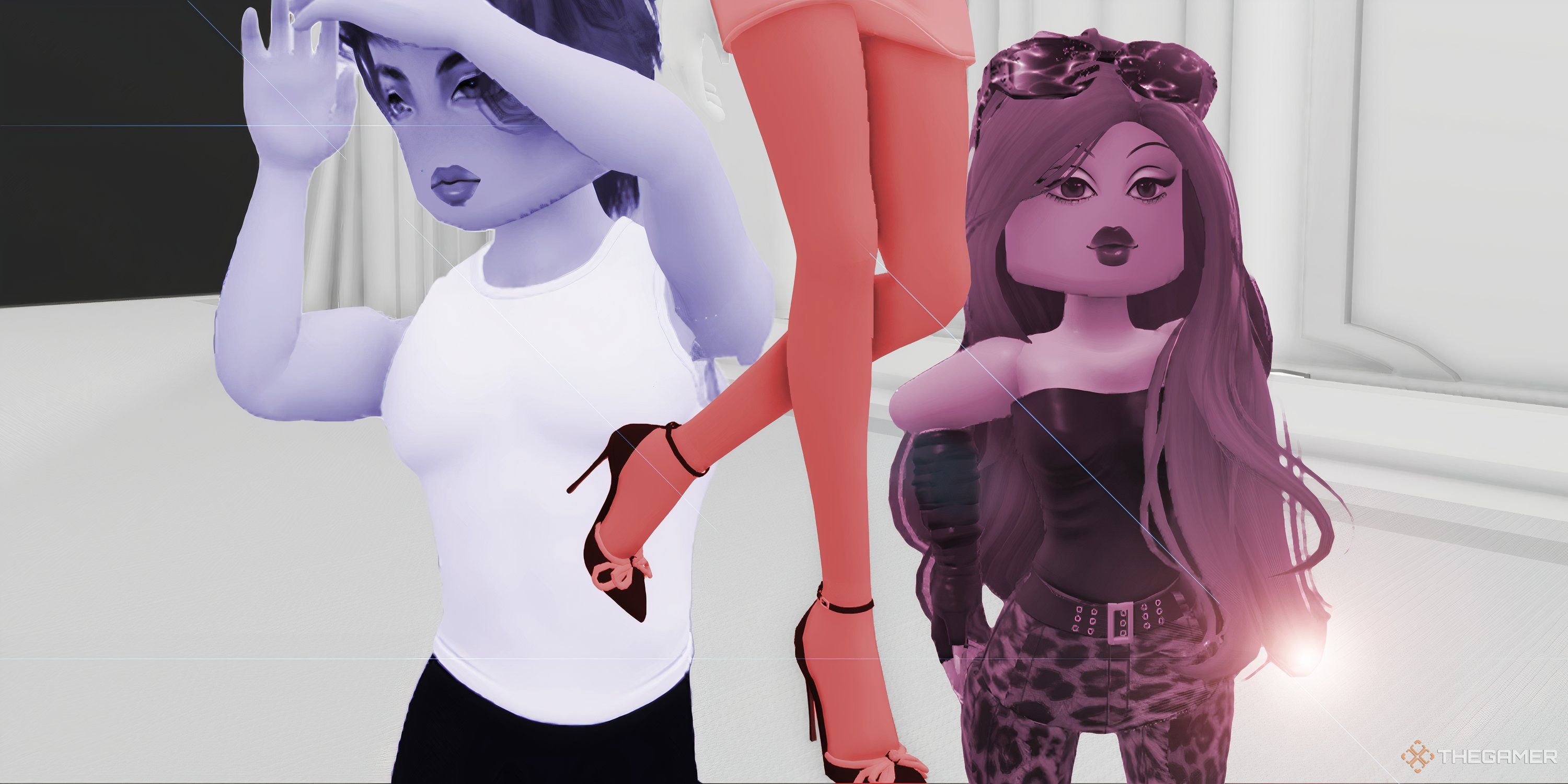 A blue-tinted Roblox model in a white tank top, and a purple-tinted Roblox model in cheetah pants and a black top, flank each side of a red-tinted pair of legs against a greyscale fashion runway.