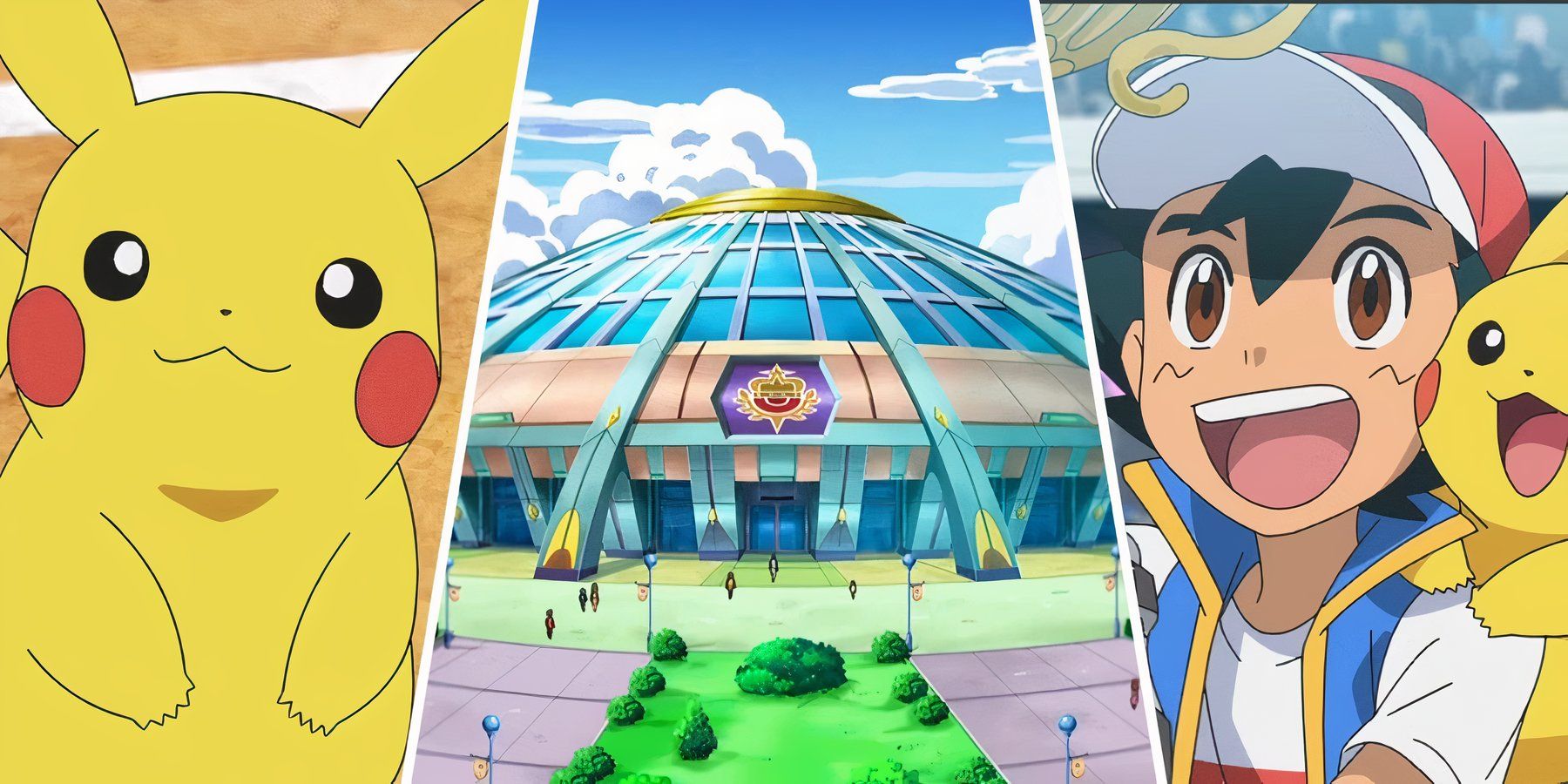 A split image of Ash, Pickachu and Stadium from Pokemon World