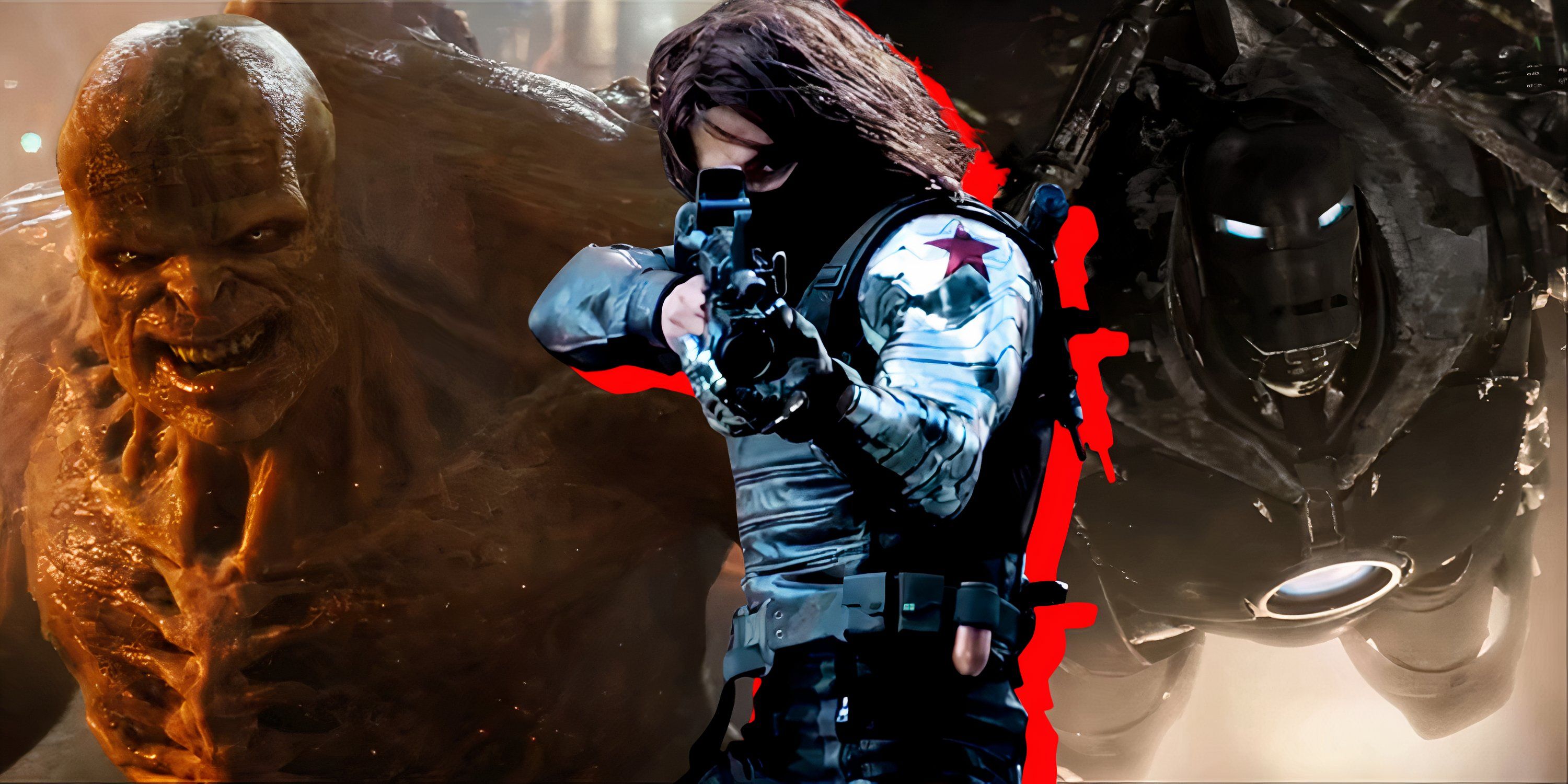 Split image of Abomination, Winter Soldier, and Iron Monger from the Marvel Cinematic Universe