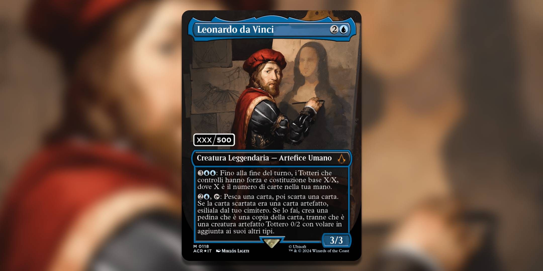 Screenshot of Leonardo da Vinci from Universes Beyond Assassin's Creed MTG.