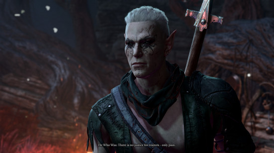 A male Shadar-Kai elf with pale skin, pointy ears and black tentacle makeup around his black eyes, wearing a patched together black leather outfit