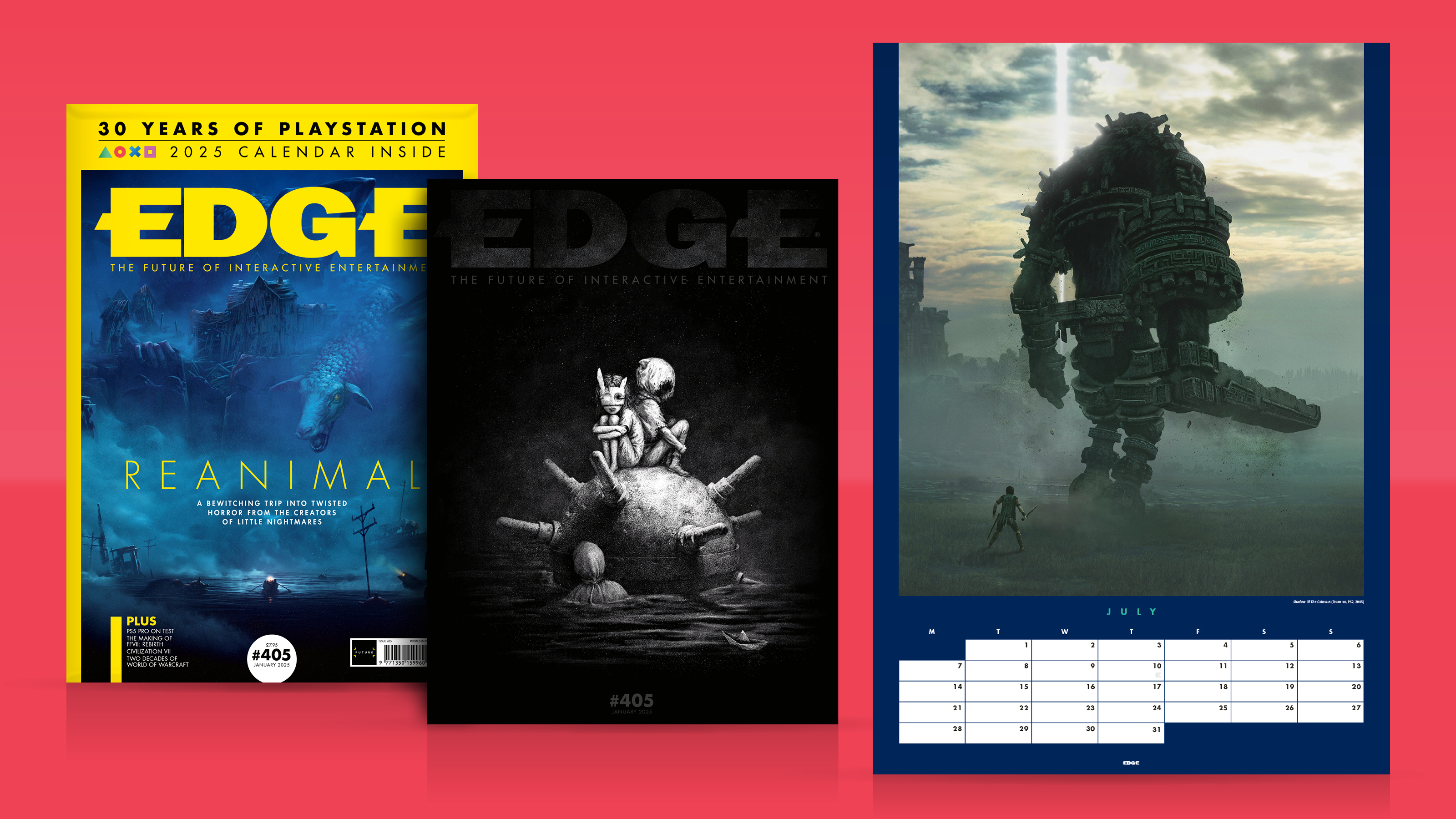 A product shot of Edge Magazine issue 405, showing two covers for Reanimal and a Shadow of Colossus spread from its 