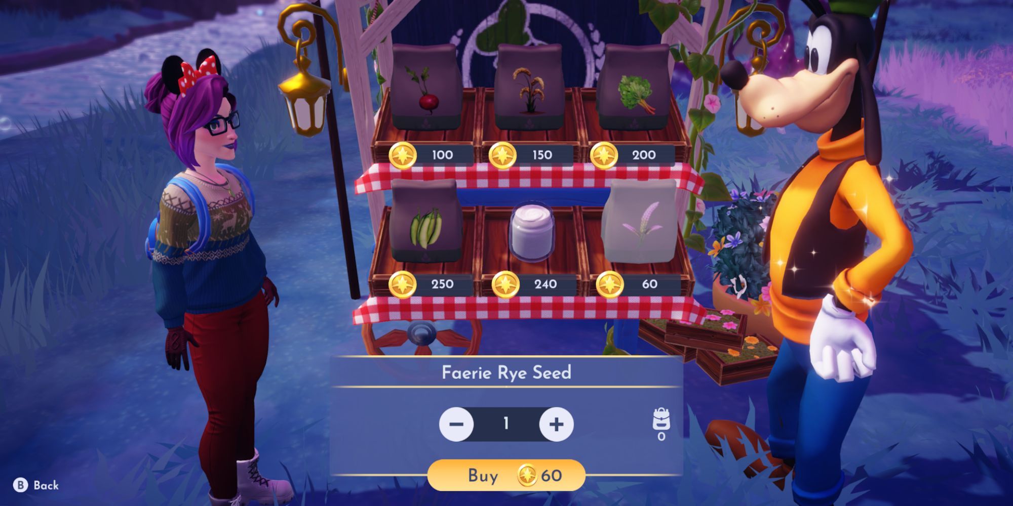 Buying Faerie Rye Seeds from Goofy's Stall in Disney Dreamlight Valley