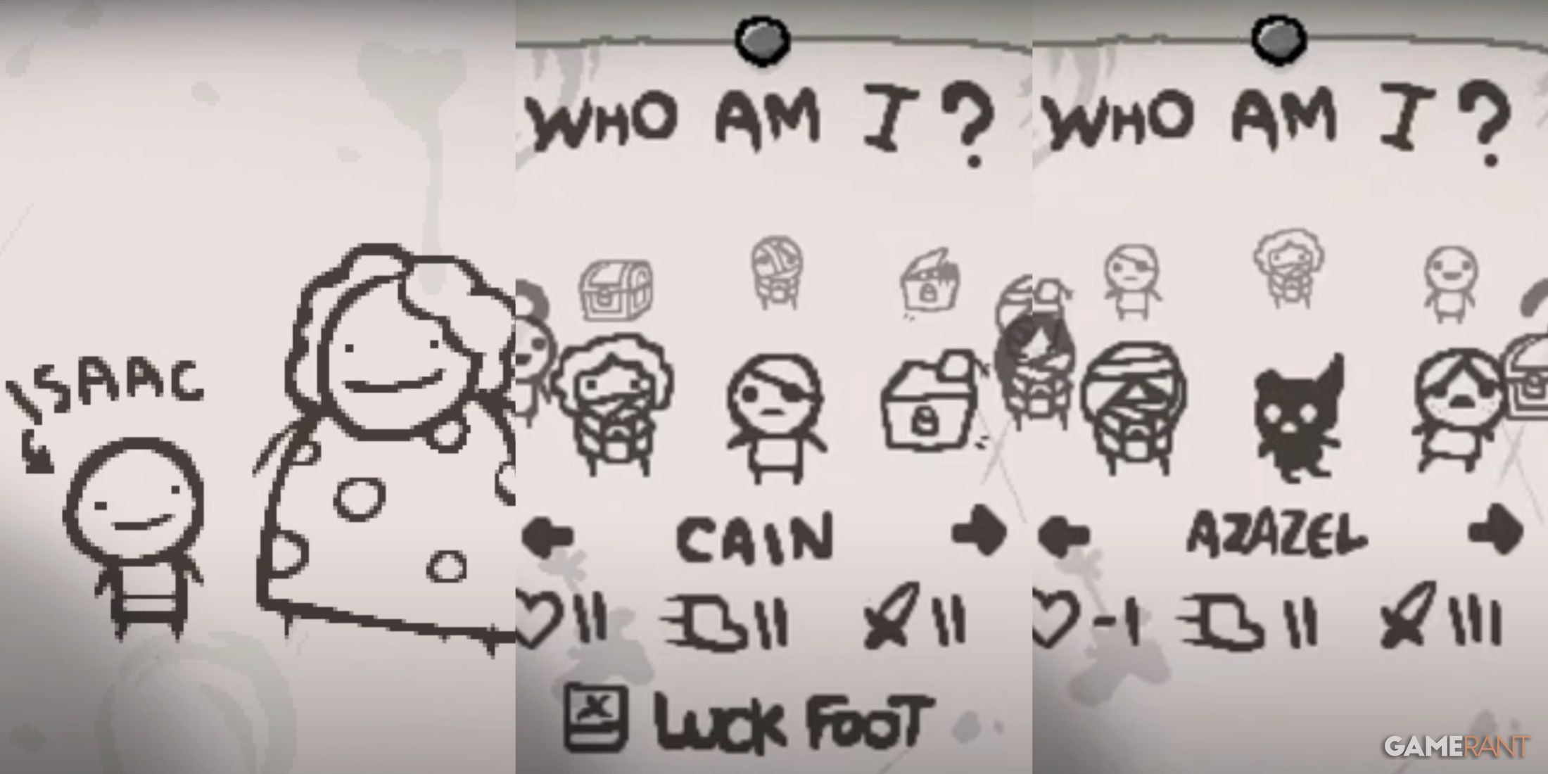 split image of Isaac, Cain, and Azazel in The Binding Of Isaac Rebirth