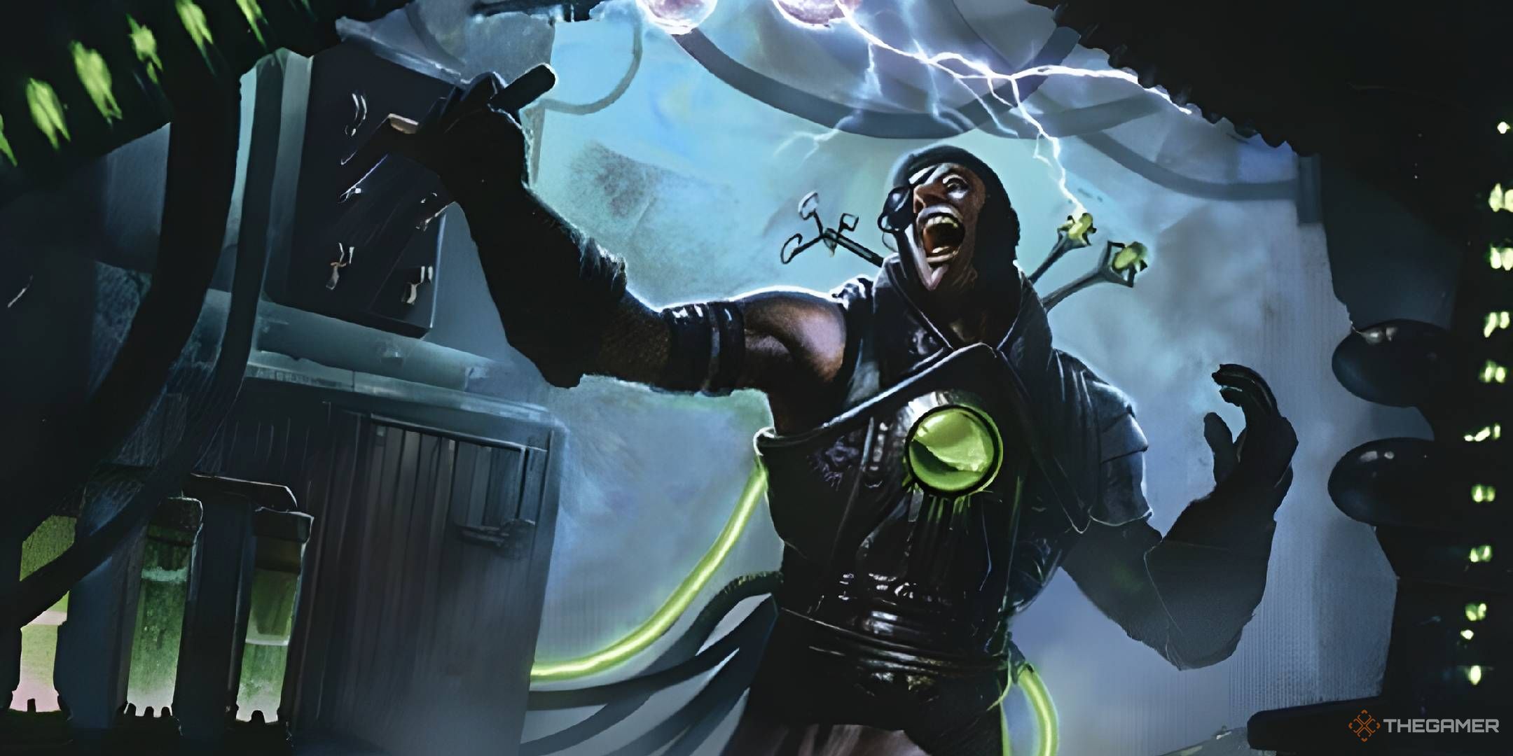 A man laughs maniacally as he pulls a lever, while lightning bolts arc behind him.