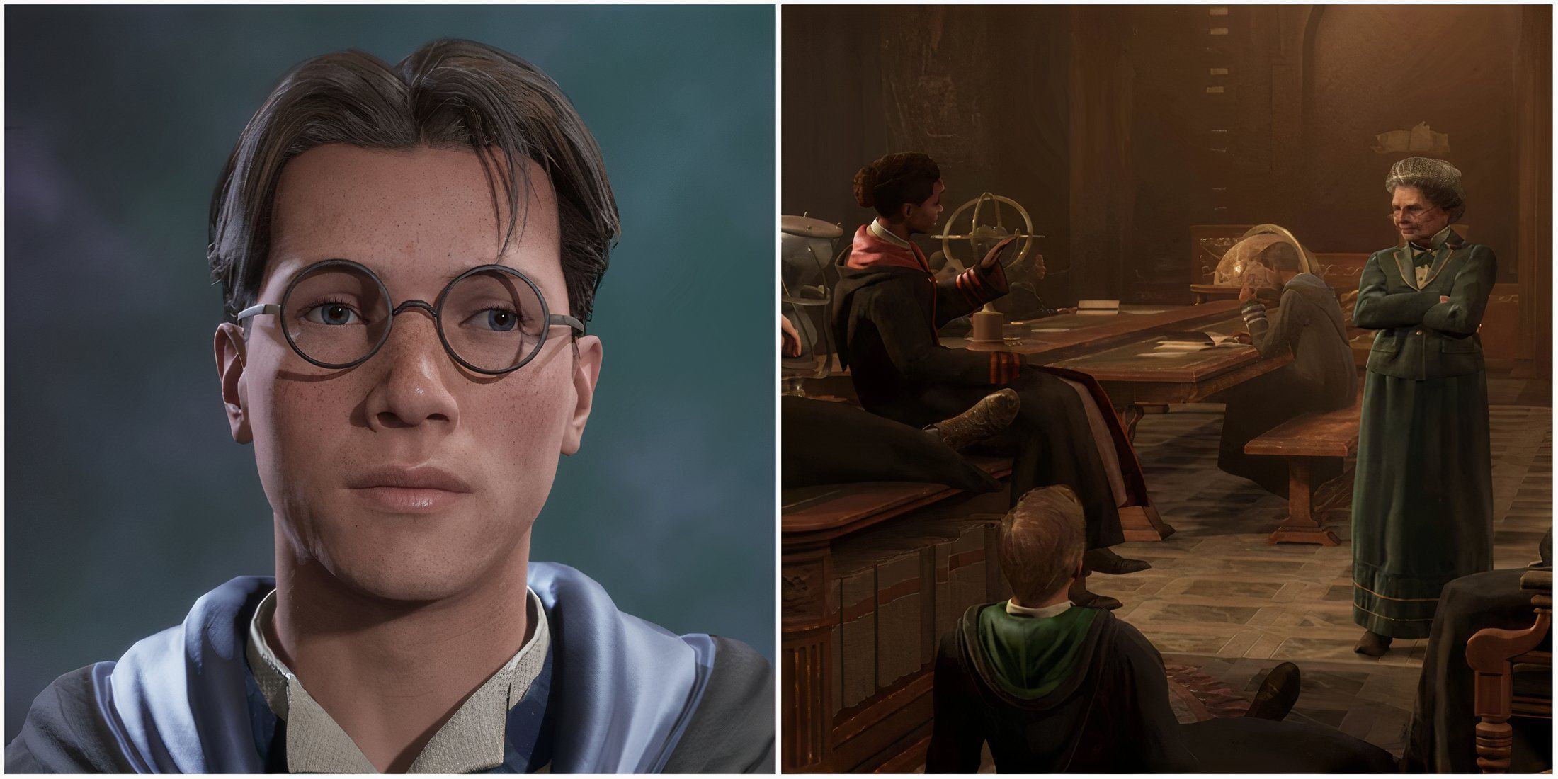 The character creation menu in Hogwarts Legacy and a classroom full of students