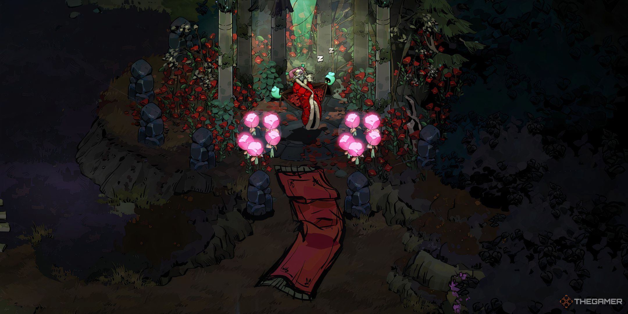 Melinoe decorates Hypnos's area with floral sconces and a crimson rug in Hades 2.