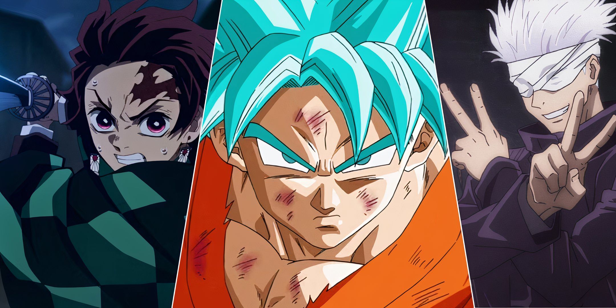 A split image showing Tanjiro from Demon Slayer, Goku from Dragon Ball Z and Gojo from JJK