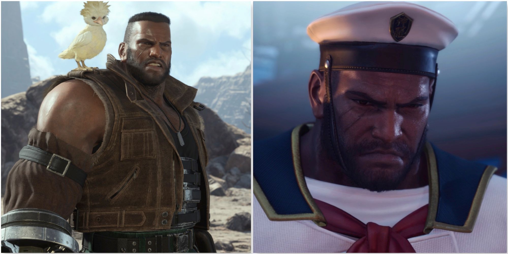 Barret and Cloud Jr and Barret in his sailor uniform in Final Fantasy 7 Rebirth