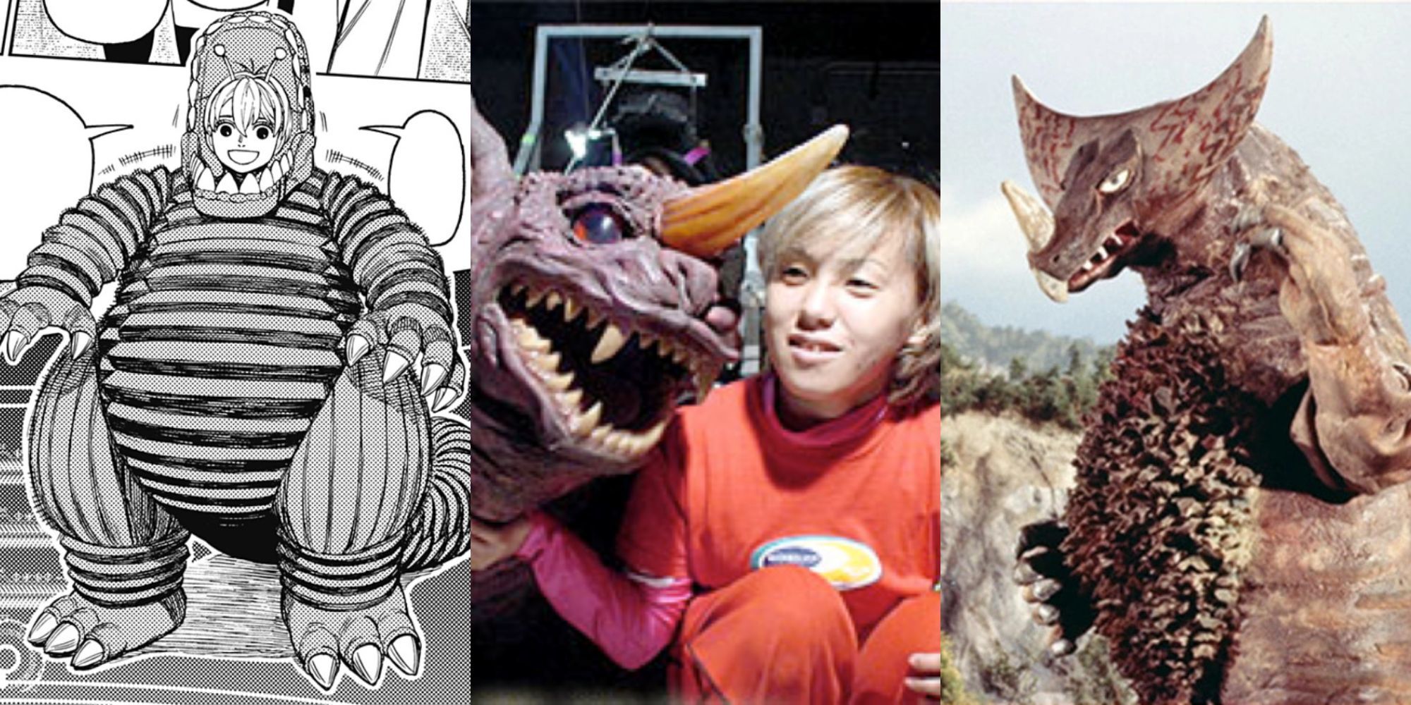 Bamora in her exosuit, Rie Ota with her Baragon suit and Gomora from Ultraman.