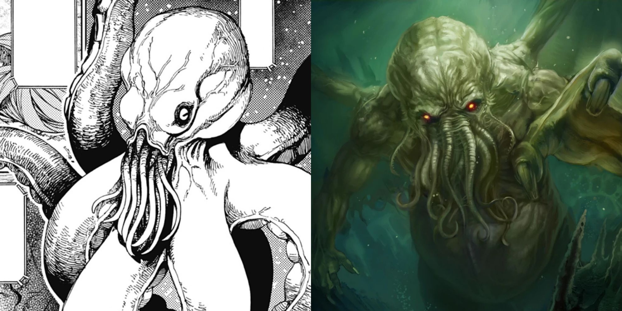 The real appearance of a Kur and an illustration of Cthulhu from the Call of Cthulhu Card Game.