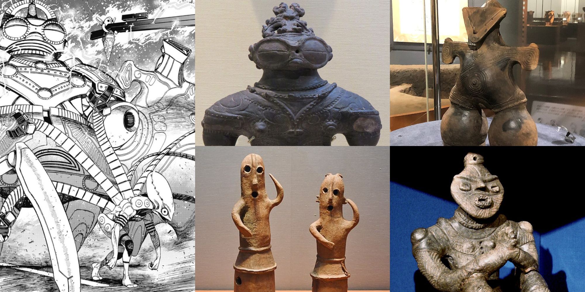 Several Kur Exosuits alongside the clay figurines that inspired their designs.-1