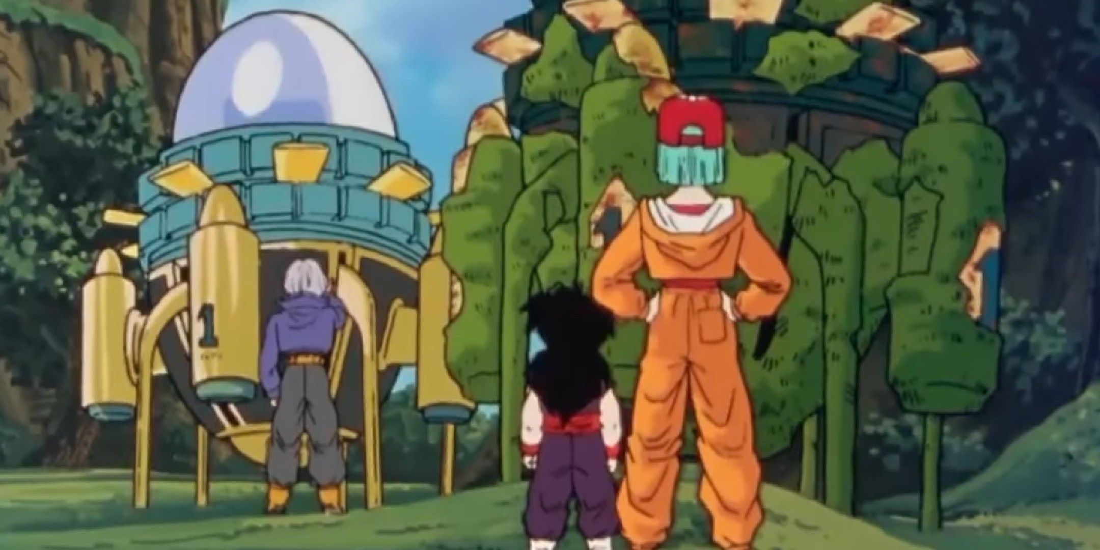 Dragon Ball image showing Trunks, Gohan, Bulma and two time machines.