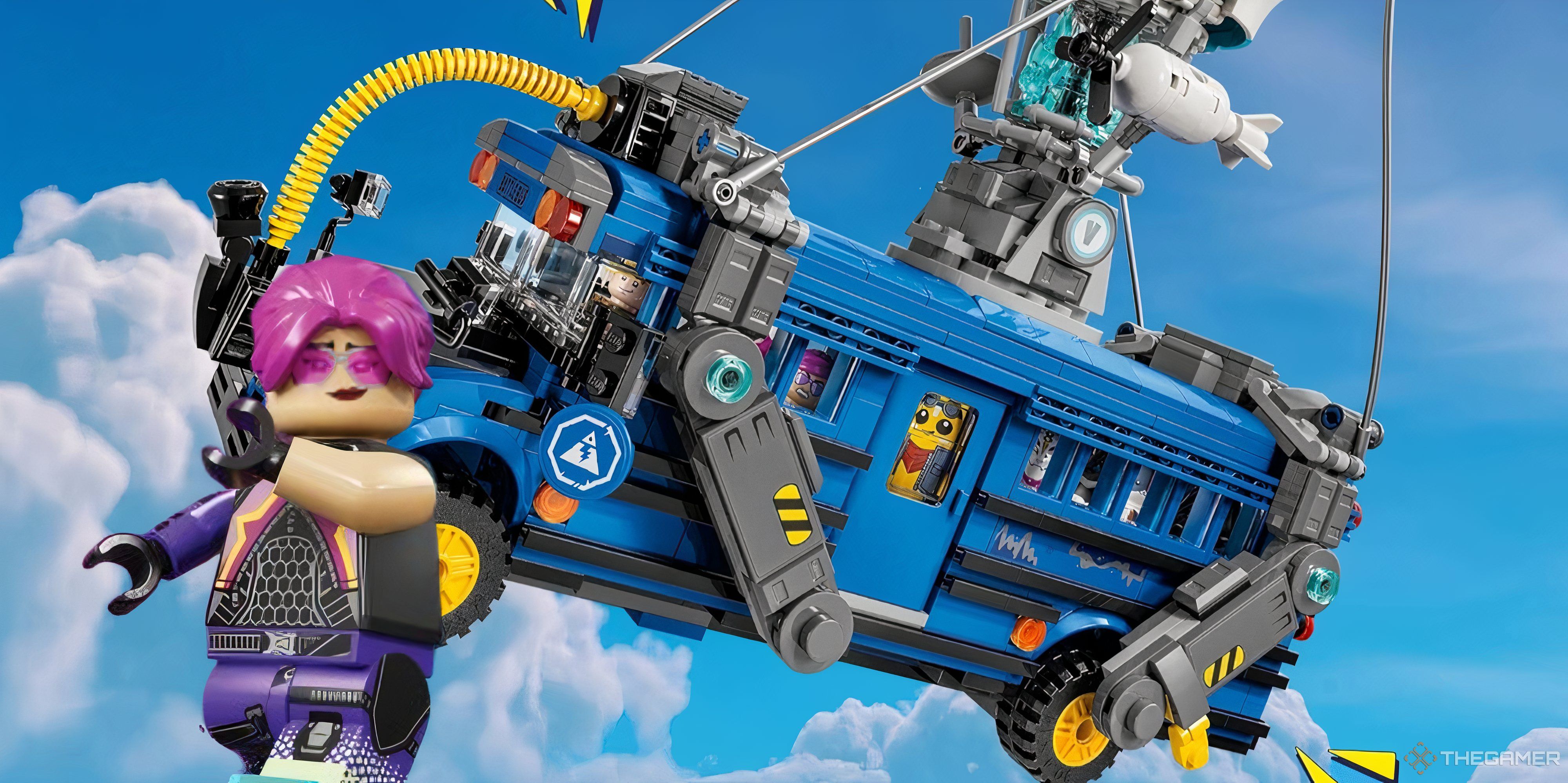 brite bomber lego minifigure in front of a lego battle bus flying through the air.