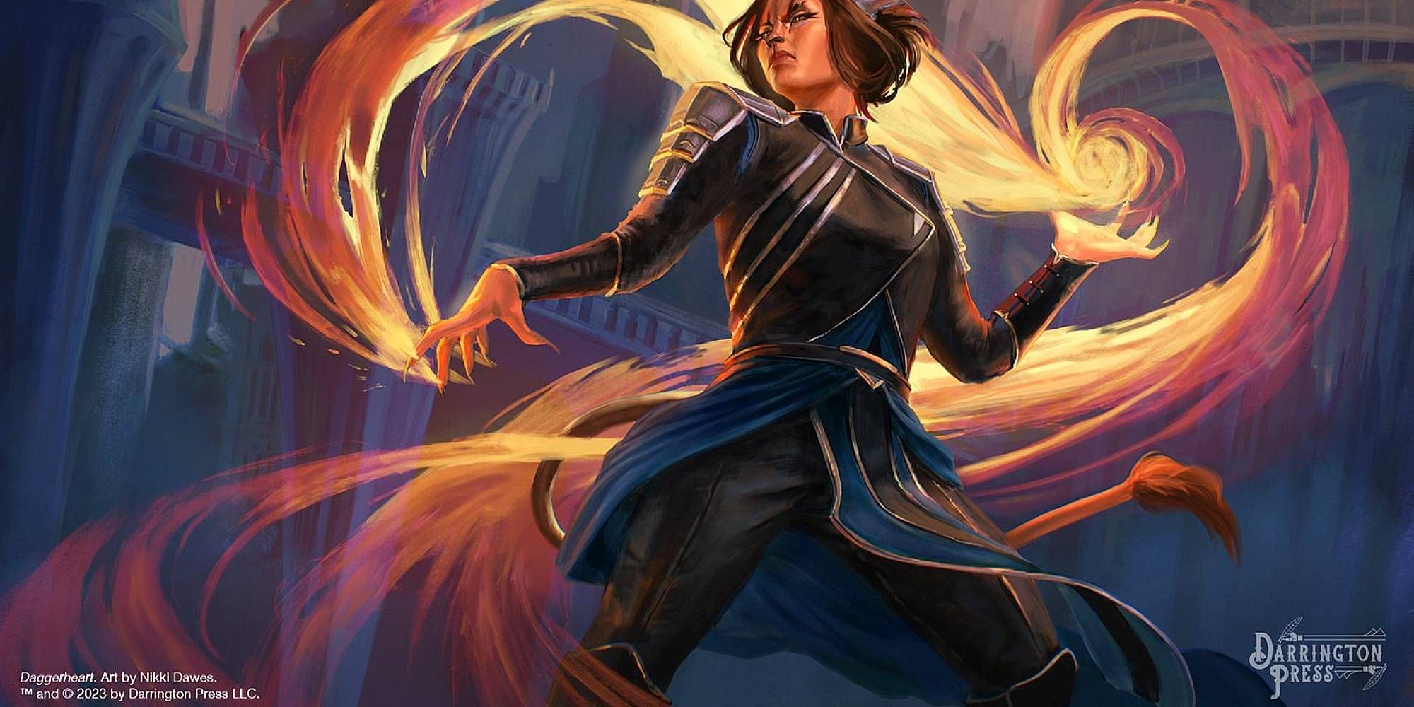 A woman controlling fire and magic for Daggerheart art