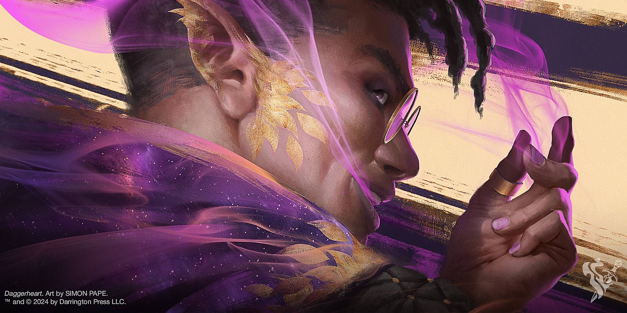 A man smiling as he wisps of purple magic stream from him in Daggerheart art