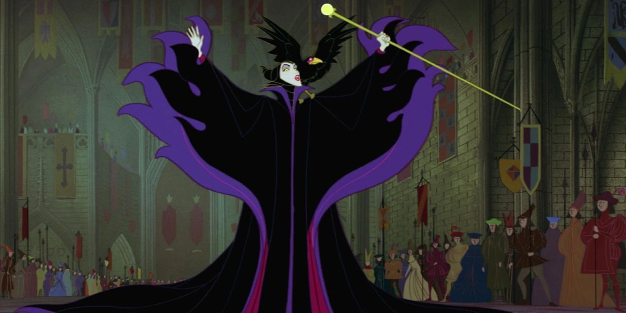 Maleficent stretching her arms out with her magical staff.