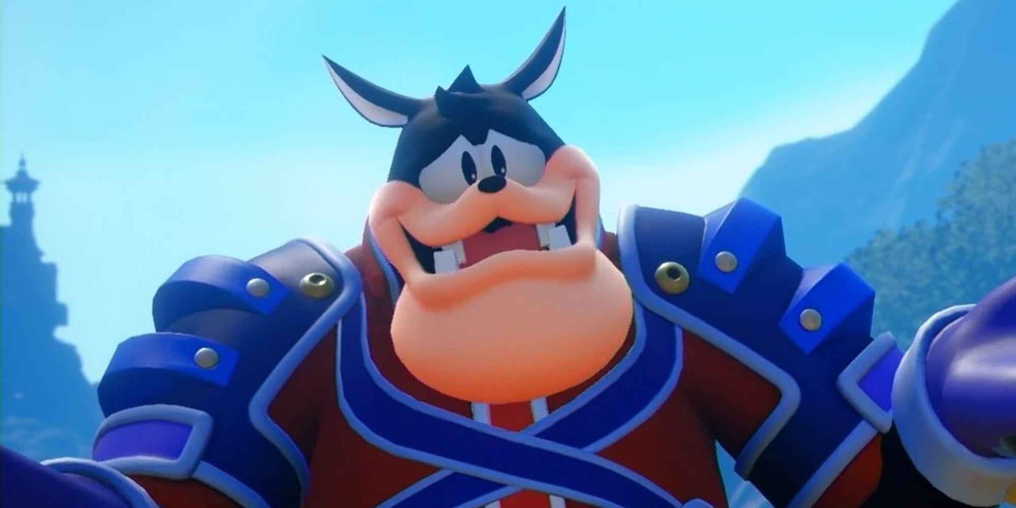 Pete in Kingdom Hearts 3 wearing armor and looking at the camera.