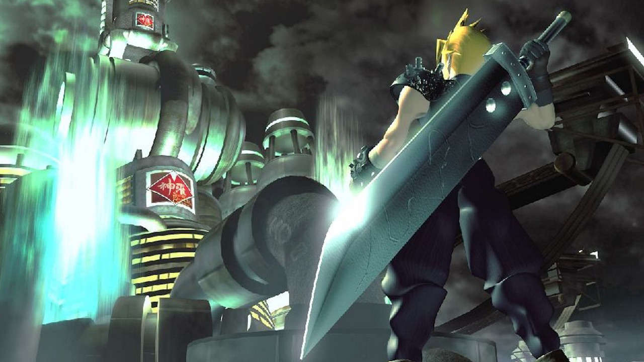 The original Final Fantasy 7 key art showing Cloud gazing up at Shinra Tower in Midgar