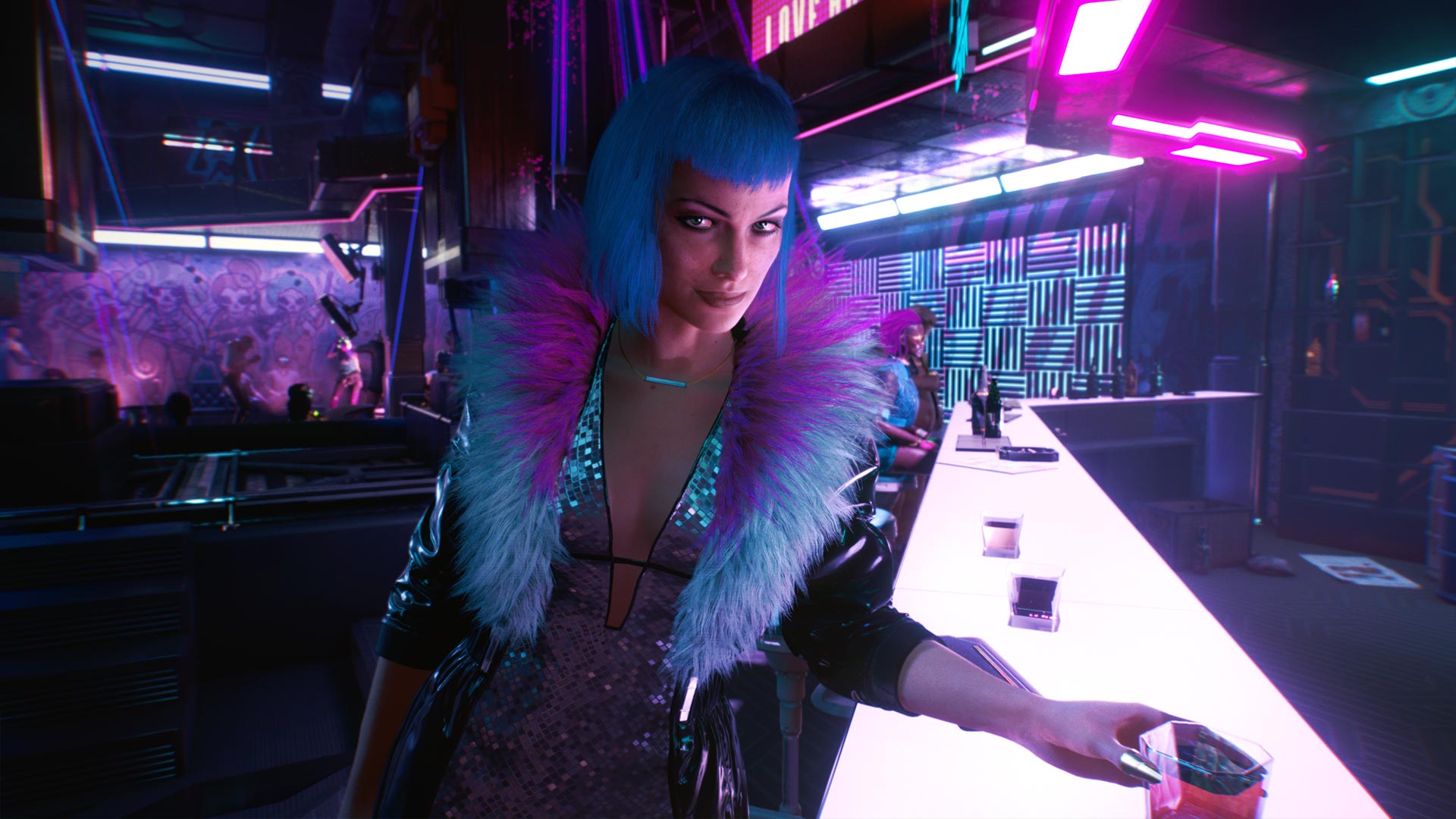 Evelyn Parker meets V at Lizzie's Bar in Cyberpunk 2077, she's dressed in flashy clothes with a blue and purple collar, and has bright blue hair herself