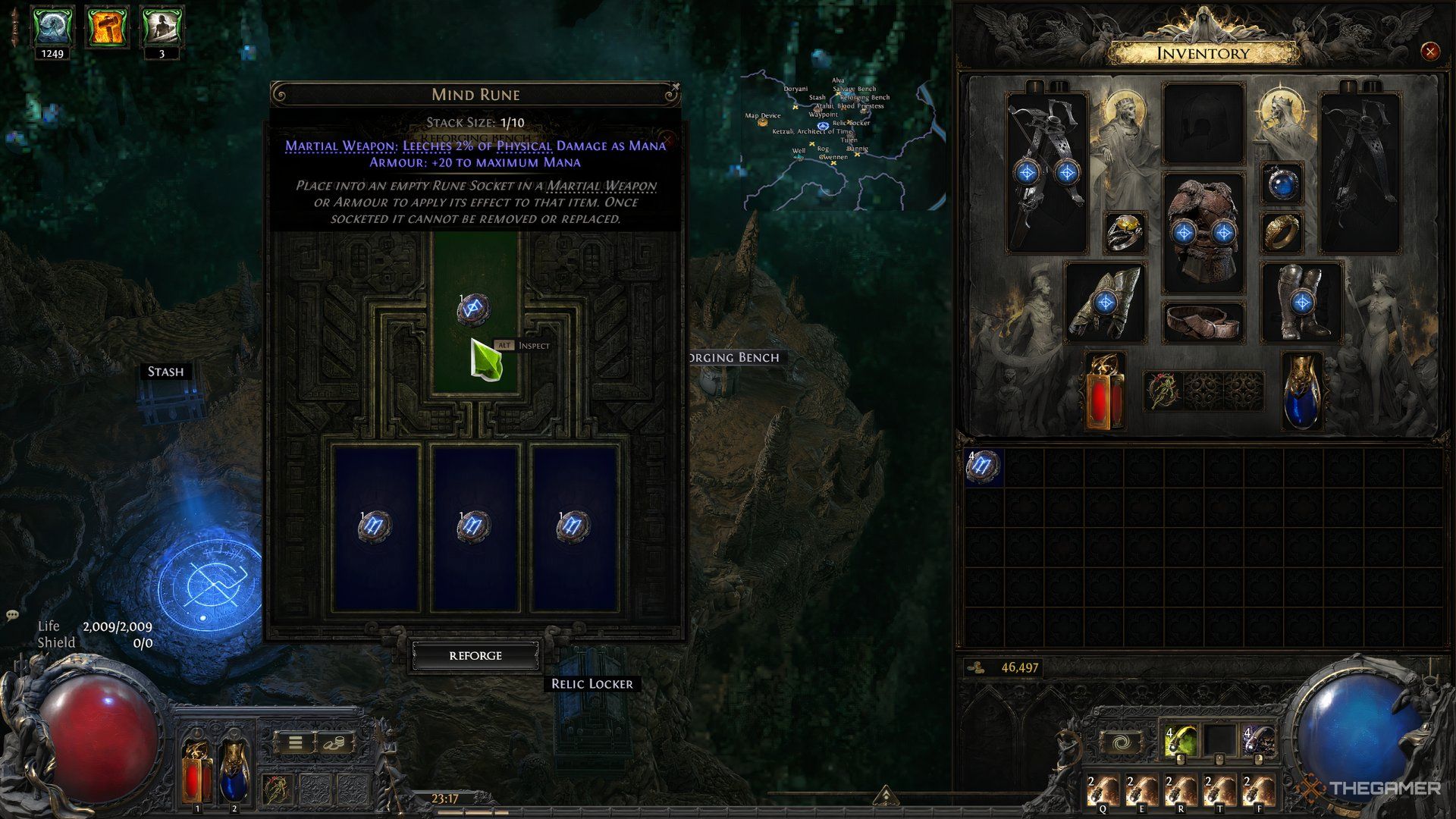 Obtaining a Mind Rune by reforging three similar Runes at the Reforging Bench in Path of Exile 2.