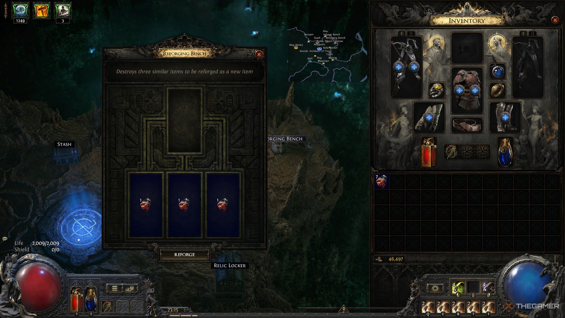 The player upgrading three similar Distilled Emotions at the Reforging Bench in Path of Exile 2.