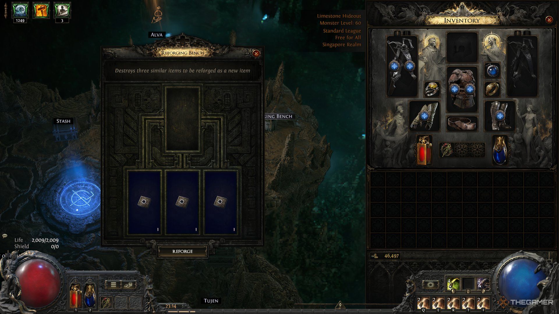 Upgrading three Tier-1 Waystones to get a Tier-2 Waystone from the Reforging Bench in Path of Exile 2.