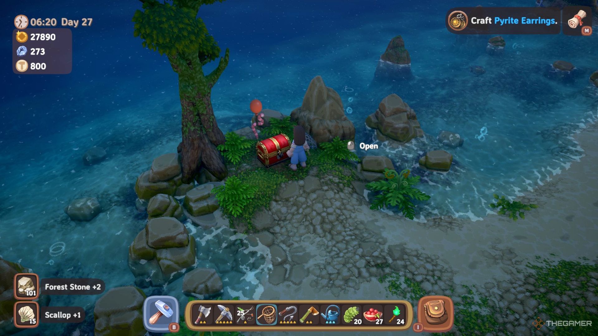 Player character standing by a Red Chest on a small island in the Forest at night in Luma Island.