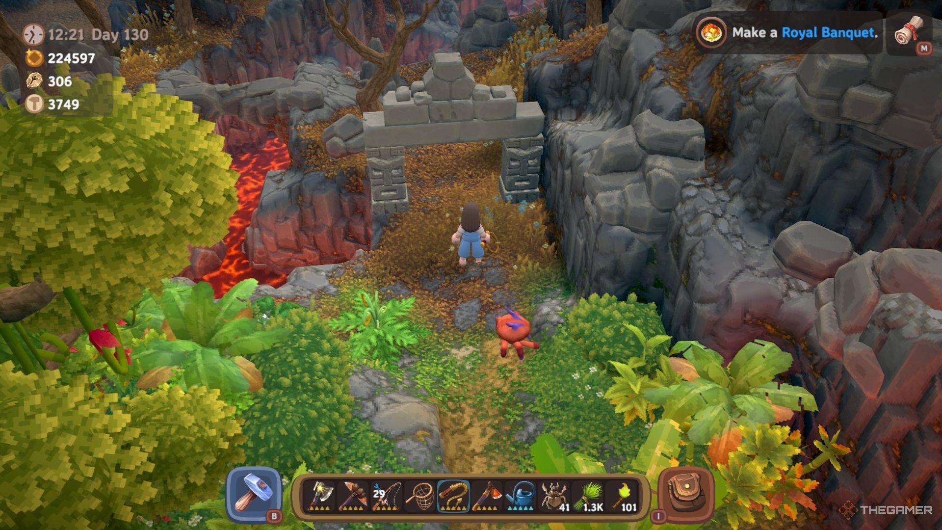 Player character standing beneath a stone arch that's near a lava flow in Luma Island.