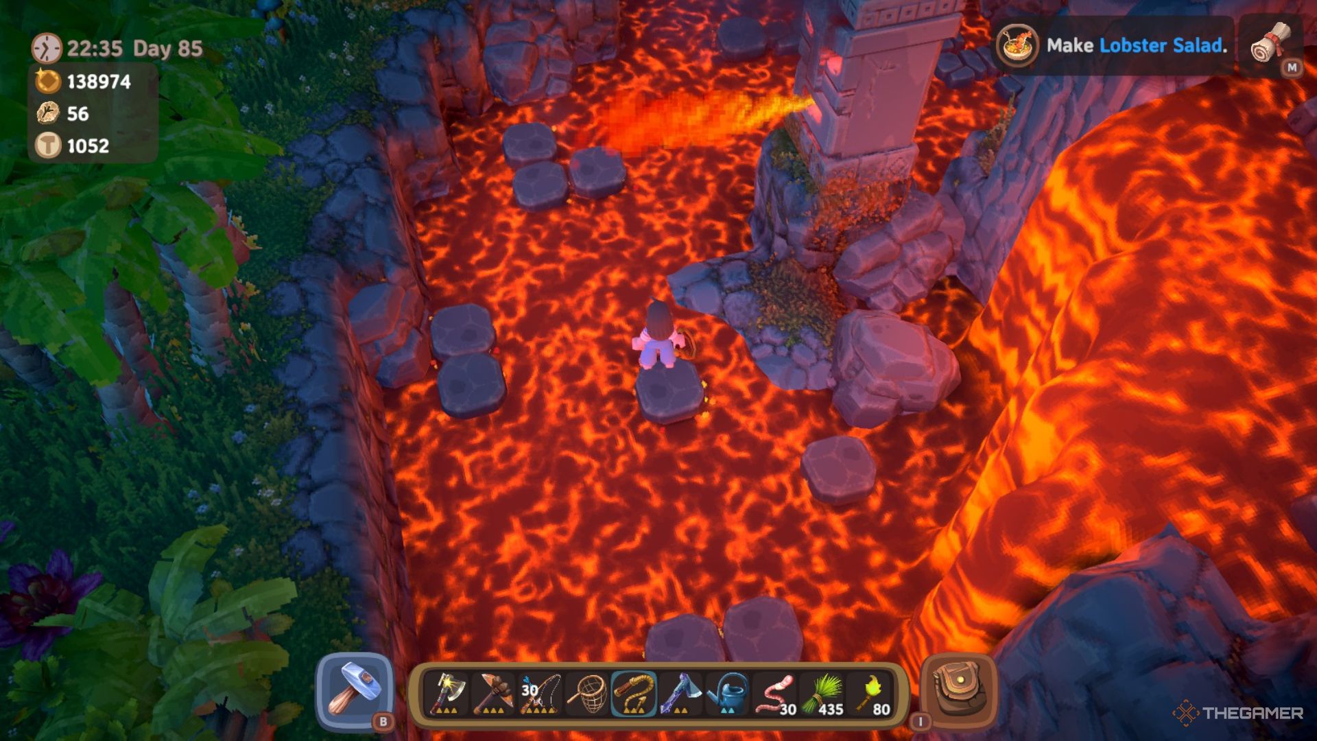 Player character standing on a stone tile as it moves through a river of lava in Luma Island.