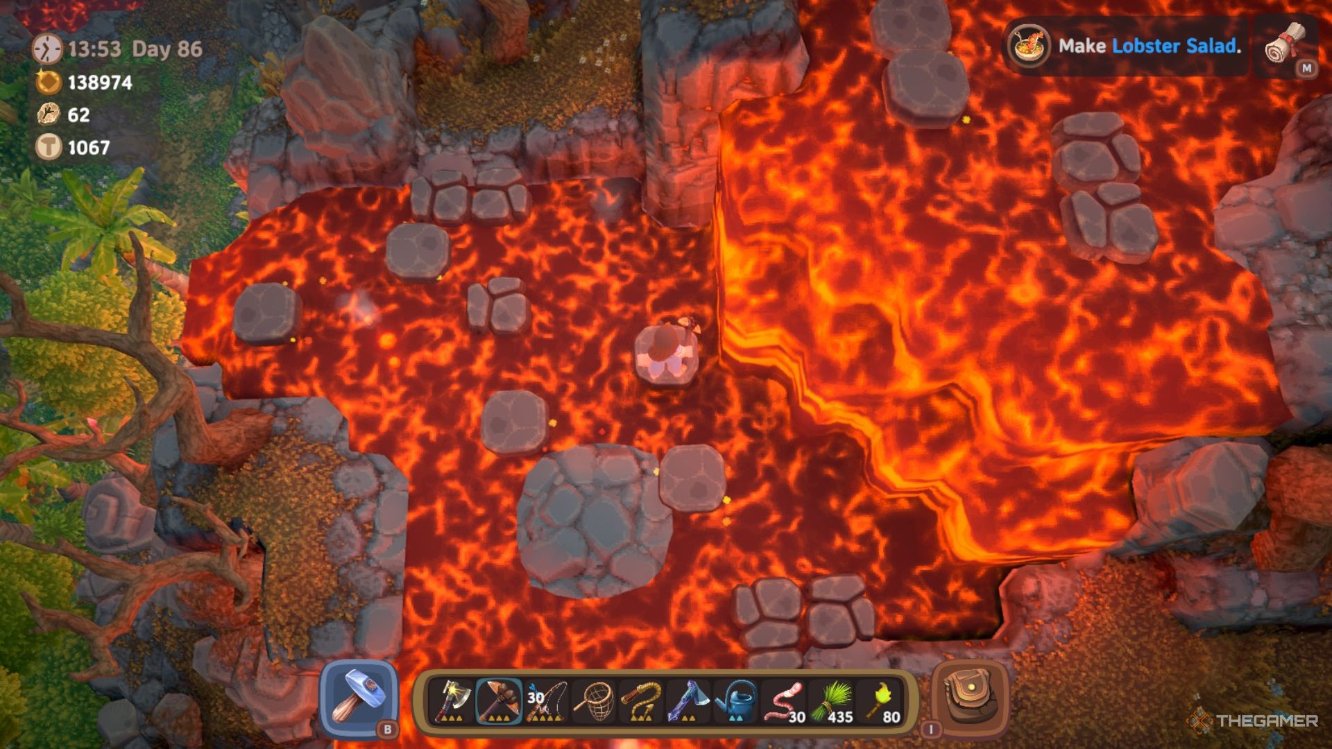 Player character standing on a stone tile surrounded by lava and different moving tiles in Luma Island.